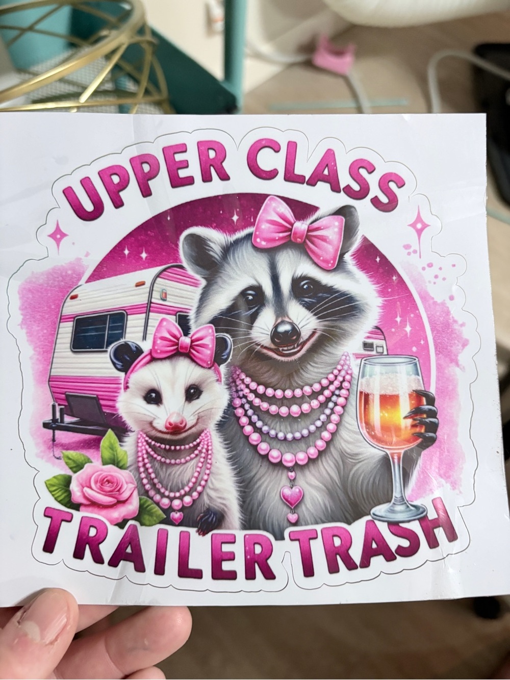 Upper Class Trailer Trash Sticker - Pink Raccoon & Possum Design